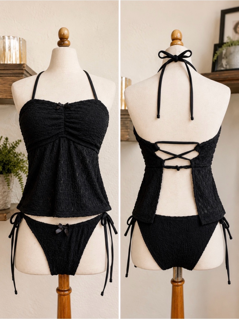 Zaful Black Textured Tankini Swimsuit Set Lace Up Back | Side Tie Bottoms | M